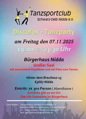 2025-11-07 - (TSC Nidda) FLYER - Discofox-Party.png Discofox-Party beim TSC Nidda am 07.11.2025